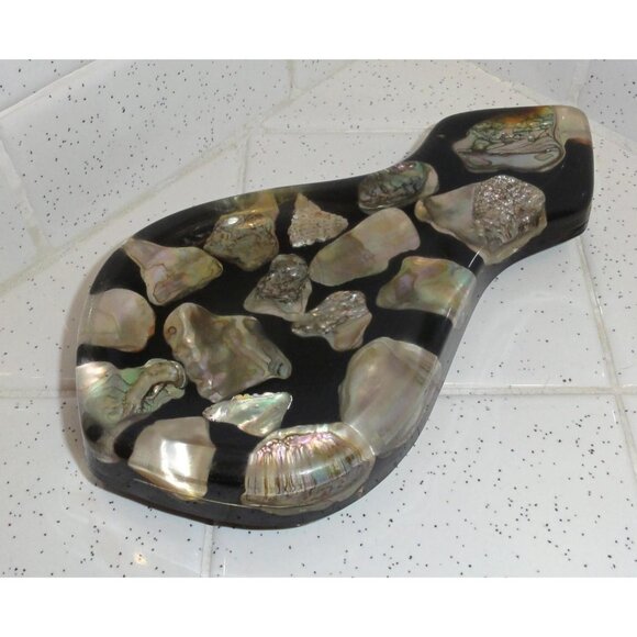 Vintage Black Lucite Abalone Spoon Rest 1960s resin mid century modern tiki - Picture 1 of 12